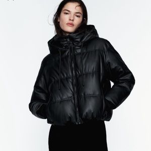 ZARA Faux Leather Cropped Puffer Jacket SzS